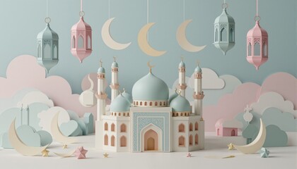 Fototapeta premium A charming collection of pastel-colored Islamic symbols like lanterns, mosques, and crescent moons in a 3D papercraft style. 