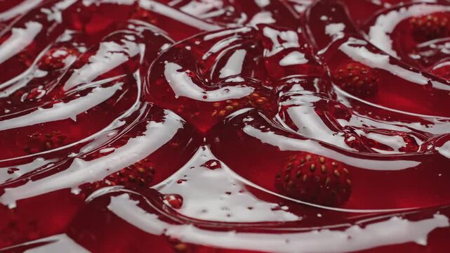Video of abstract red fruit gel surface featuring strawberry jam in extreme close up, dessert texture background, natural sweetness concept, high detail macro scene.