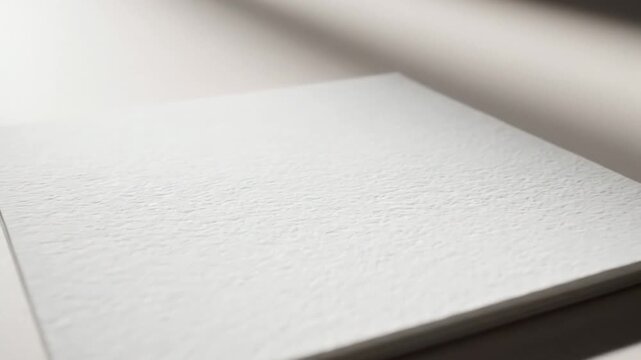 Video of minimalist white square paper note centered on neutral surface, clean stationery background, copy space template for branding and design projects with delicate side lighting revealing fine