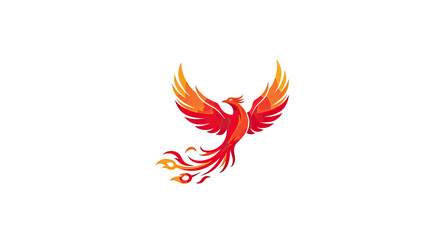 Naklejka premium A stylized phoenix, vibrant with red and orange hues, wings spread in flight, on white
