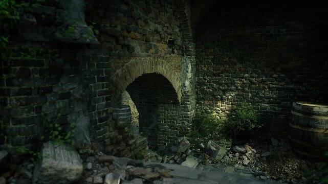 Bright sunbeam illuminating cracked flagstones and scattered rubble, high contrast textures, warm highlight against cool shadow, mood fit for texture