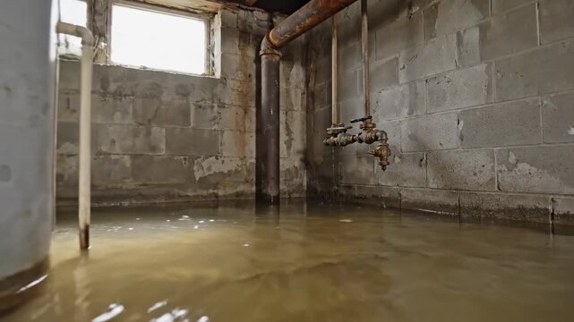 Submerged foundation interior inspired by underground water damage, a damp unfinished basement with cinder block walls, rusting metal pipes and a water heater partially surrounded by shallow