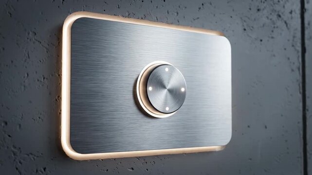 Futuristic wall-mounted lighting controller based on modern smart switch themes, a refined brushed aluminum control plate embedded seamlessly into a smooth concrete wall, soft warm backlight outlining