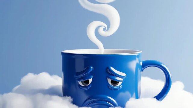 Blue monday,Sad mug steaming among clouds