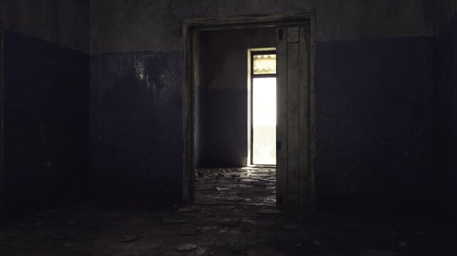 Centered door frame revealing bright rectangular window, symmetrical composition with tiled lower walls and reflective floor, calm eerie mood balancing