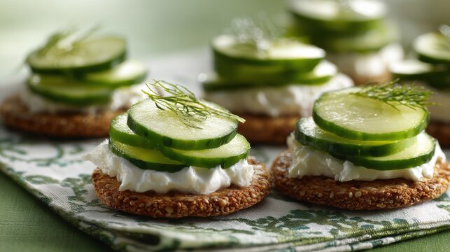 Artfully Arranged Appetizers Featuring Creamy Cheese, Fresh Cucumber Slices, and Dill Sprigs on Whole Grain Crackers