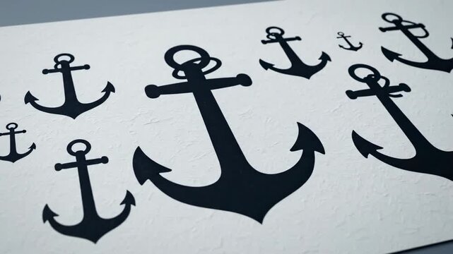 Contemporary Maritime Icon Set featuring bold anchor silhouettes arranged across a cool neutral backdrop, varying proportions and fluke designs forming a balanced visual rhythm, minimal monochrome