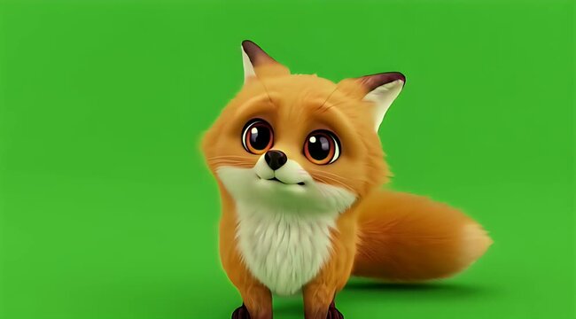 Adorable Cartoon Fox Character Sitting Calmly on Bright Green Background