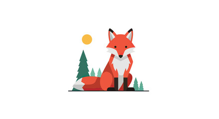 Fototapeta premium A geometric illustration features a fox seated in front of a forest scene with a sun