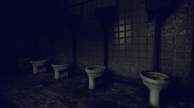 Shadowed industrial washroom with corroded pipes, stained toilets and cracked tile grid, maintenance backlog mood with damp floors and heavy metal fixtures,