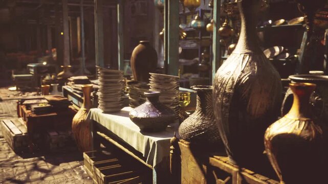 Moroccan market stall with brass lamps, sunlit rows of pottery and plates, artisan arranging copperware, ornate lanterns catching golden highlights, warm