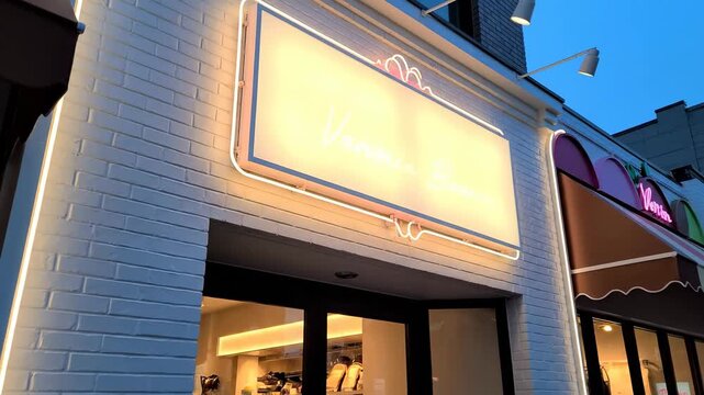 Frozen dessert stand facade mockup, a compact urban storefront with a bold rectangular lightbox sign integrated into a clean white brick wall, vibrant yet refined color accents inspired by vanilla,