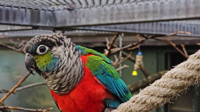 Close up of a scarlet belly parrots resting on a rope and looking around