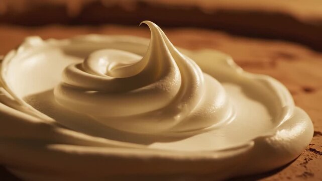 Macro cinematic scene of whipped organic shea butter forming rolling soft waves against a textured clay backdrop, low angled perspective with golden hour sunlight grazing the surface to accentuate
