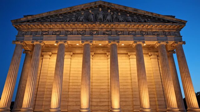 Neoclassical building facade with ionic columns illuminated by warm light, wide architectural shot at dusk with symmetrical composition, tall fluted columns and ornate entablature glowing under soft