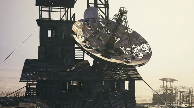 Derelict satellite dish stands amid salvage structures and rust, abandoned technology narrative with broken panels, twisted metal and scattered debris, light