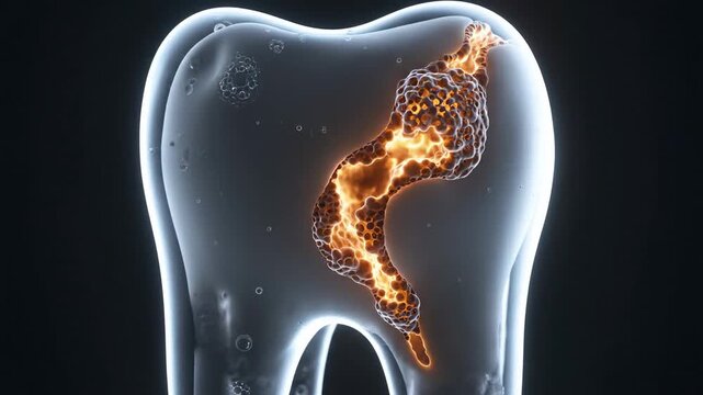 Abstract Concept of Enamel Erosion presented in a dramatic scientific visualization, translucent tooth structure suspended in a dark neutral space, internal cavity glowing subtly in warm amber tones