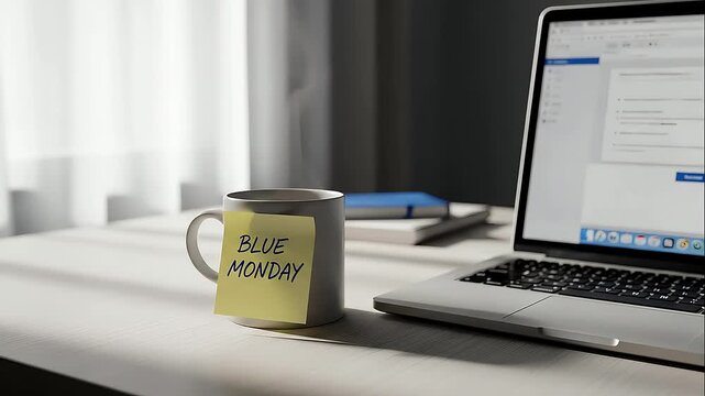 Monday,Steaming mug notes blue monday concept