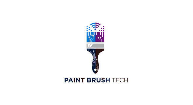 A digital paint brush logo blends Wi-Fi and circuit board aesthetics with text "PAINT BRUSH TECH.