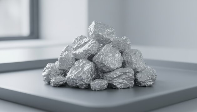 Heap of lustrous raw polysilicon chunks with uneven surfaces on a dark tray