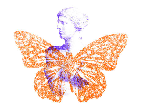 Creative risograph illustration of classical statue combined with butterfly wings, modern surreal collage art with halftone texture