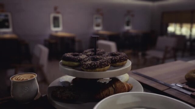 Stacked donuts staged for chef tasting, backdrop of quiet kitchen dining area, warm tones, emphasis on texture and glaze, plate and cup nearby, professional