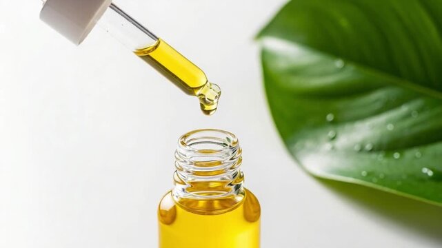 A glass dropper with yellow liquid and a green leaf on white background