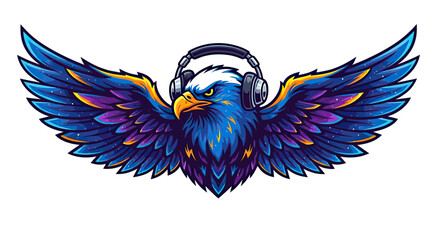 A stylized eagle in a bold, vibrant design, adorned with headphones and spread wings © gudangPIXEL