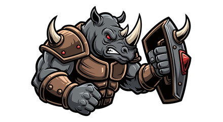 A fierce rhino warrior in armor, holding a shield, gritting teeth, ready for battle © gudangPIXEL