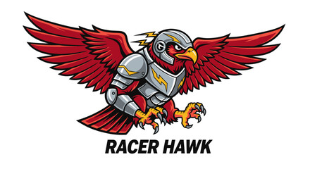 Fototapeta premium A red hawk mascot, armored with silver, wings spread, with text 