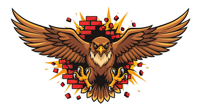 A fierce eagle breaking through a brick wall, wings spread. Angry expression. Intense