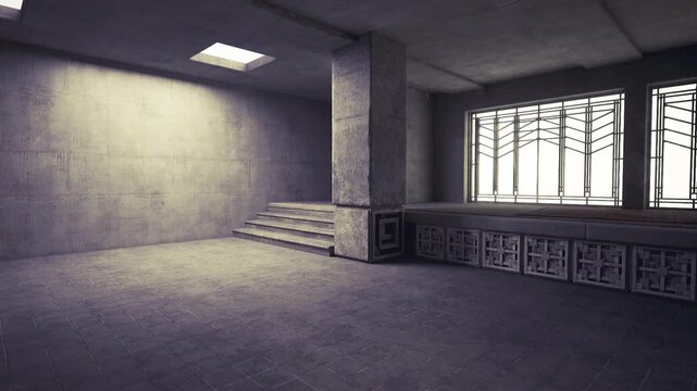 Empty gallery installation with sculptural window light and stepped display area, concrete walls provide raw backdrop for exhibition, quiet curated atmosphere