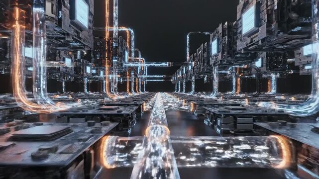 Video of futuristic processing units connected in dynamic network, mining hardware inspired technology concept, high performance computing background.