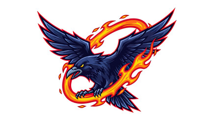 Fototapeta premium A dark raven with fiery wings, surrounded by flames, on a white background