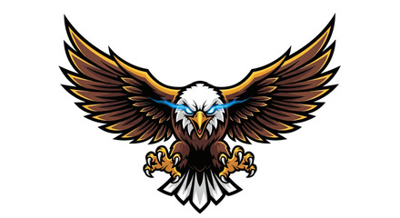 A dynamic illustration of an eagle with electric blue eyes and wings spread wide