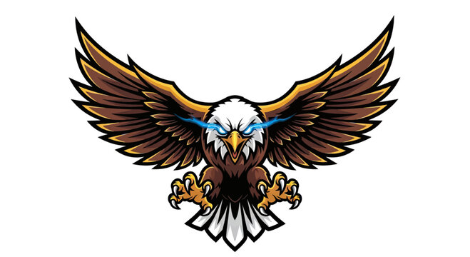 A dynamic illustration of an eagle with electric blue eyes and wings spread wide