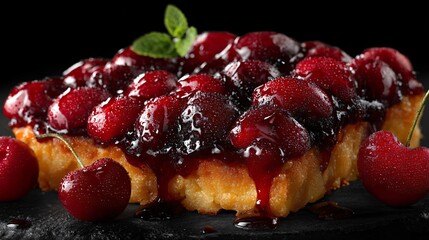 Cherry dessert with golden crust texture emphasized