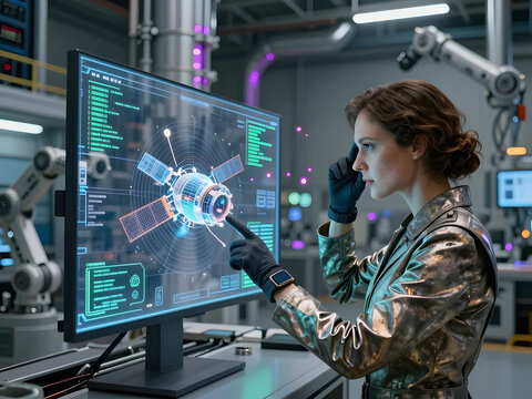 Female Aerospace Engineer Interacting with Satellite Model on Large Digital Touchscreen in High-Tech Industrial Laboratory