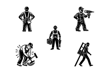 Black and white illustrations of construction workers