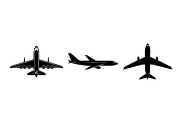 Three black silhouettes of airplanes in different views
