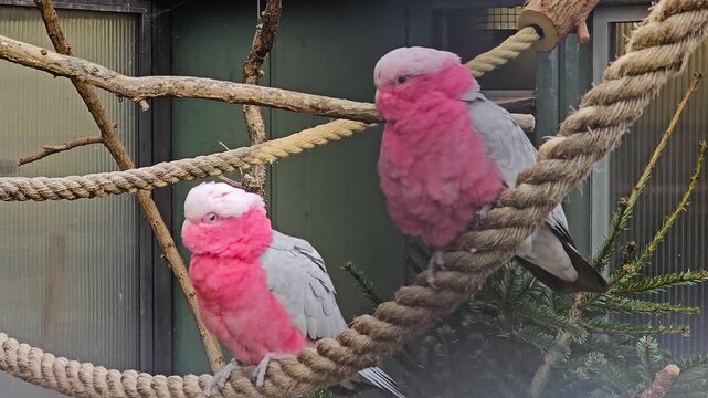 Close up of a  rose-breasted cockatoo, galah cockatoo, roseate cockatoo head sitting on a rope a looking around