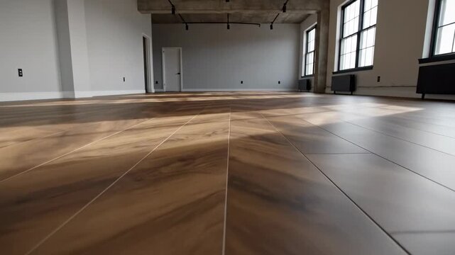 Contemporary vinyl plank floor installation concept inspired by modern laminate flooring, an empty loft-style room with warm walnut-toned laminate boards laid in a staggered pattern, matte finish
