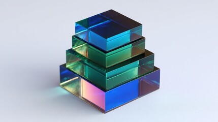Obraz premium Geometric Glass Cubes Stacked with Iridescent Colors and Reflected Light