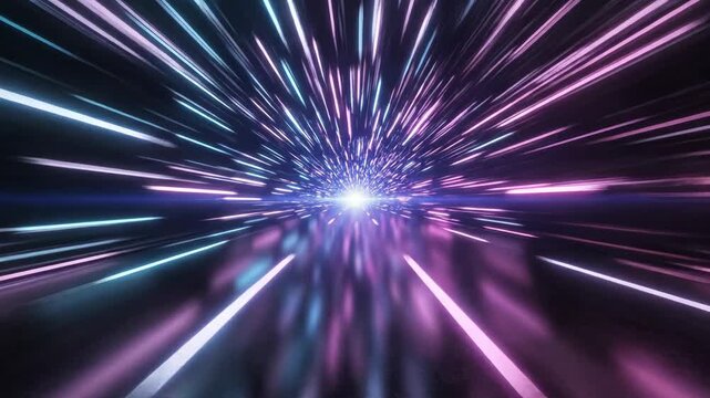 Digital velocity corridor inspired by fast lane highway, an abstract tunnel-like environment formed by luminous parallel lines racing past the viewer, intense cyan, violet, and electric pink tones