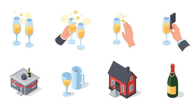 Celebration icons: glasses, toasts, and champagne in isometric style
