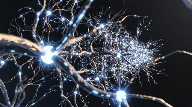 Video presenting dense interconnected neuron structure inspired by brain circuitry, deep learning visualization, innovation research background and digital mind concept.