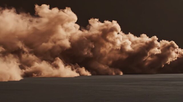 Expansive desert-toned dust plume rolling horizontally across a matte charcoal environment, thick core of clay-colored particulate matter dissolving into lighter tan wisps at the edges, gentle