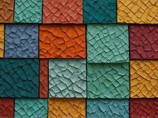 Colorful textured mosaic squares creating abstract pattern wall