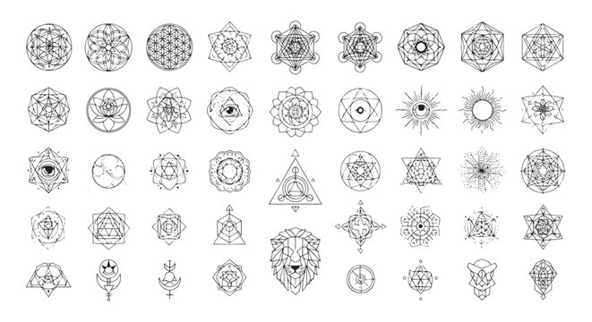 Sacred Geometry Line Art Set of Mandalas, Symbols and Spiritual Geometric Icons for Design