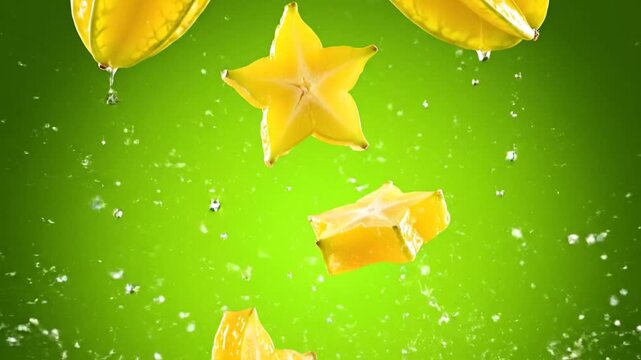 Captivating Close-Up of Star Fruit Slices Amidst a Refreshing Water Splash Against a Vibrant Green Background